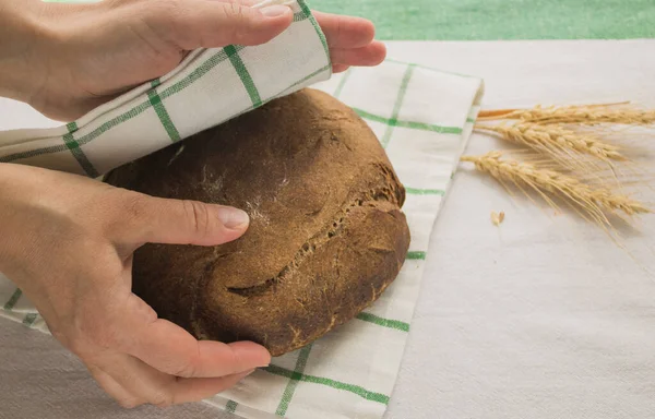 Women\'s hands cover a freshly backed round bread by linen napkin next to the ears of grain. Homemade organic bread. Photo with step by step recipe