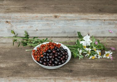 Siyah ve kırmızı üzümlü bir tabak narin bir çayır çiçeği buketinin yanında: eski bir evin ahşap basamaklarında papatyalar ve çanlar. Yaz tatili konsepti. Durgun hayat. Yaz zamanı.