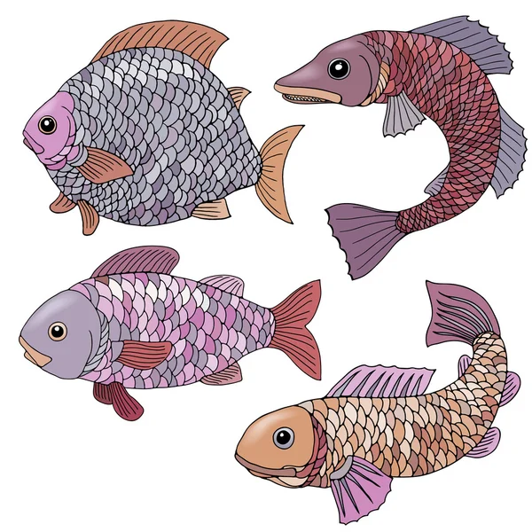 Set of four creative fishes with multicolored scales, fins and tails. Hand-painted watercolor illustration. Isolated on white background. — Stock Vector