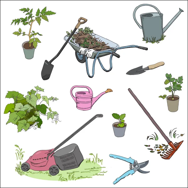 Uppsättning av trädgårdsredskap och utrustning, färg sketck stil. Rake, gräsklippare, sekatörer, skottkärra, vatten burkar, krukväxter växter. Vektor illustration. — Stock vektor