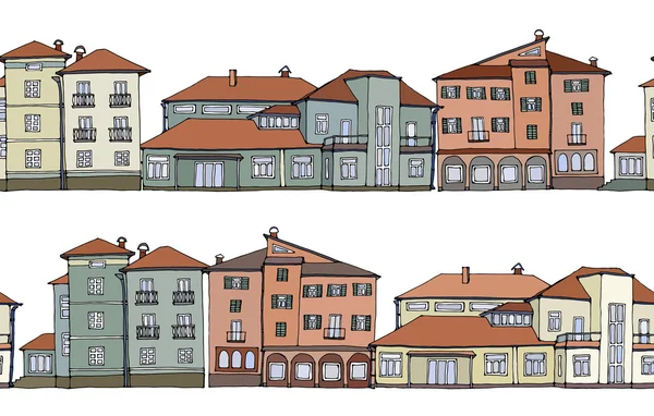 シームレスなボーダー - 歴史的な町並み、古い建物の通り、ヨーロッパの建築。カラー ベクター デザイン. — ストックベクタ