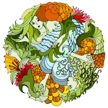 Çiçek yuvarlak dekoratif unsur gerçeküstü erkek ile karşı karşıya bırakır, çilek, dallar ve çiçekler. Siyah anahatlar soyut şablonu. Vektör çizim.