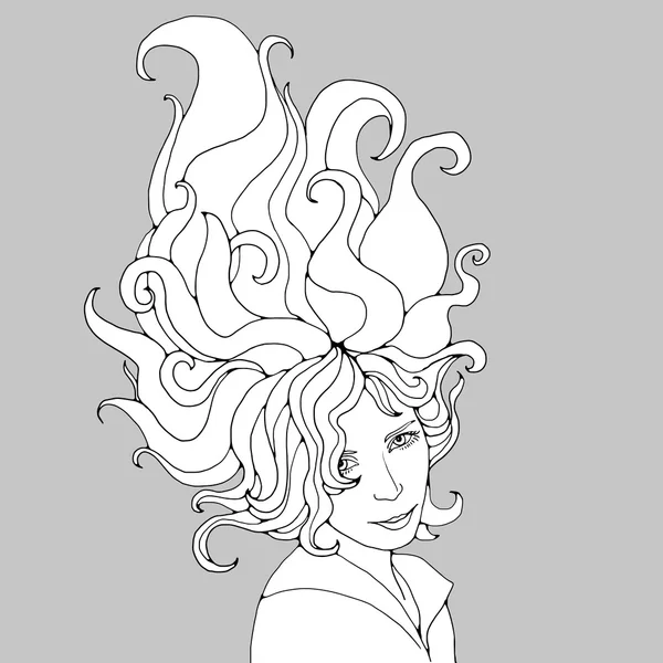 Portrait of young beautiful girl with long wavy hair drawnd with plack pen outlines. Vector illustration for coloring pages or other. — Stock Vector