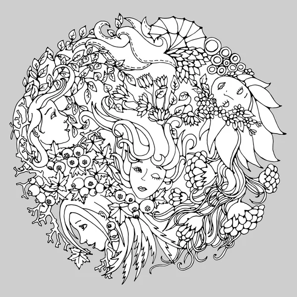 Floral ronde decoratief element met surrealistische vrouwelijke gezichten, bladeren, bessen, takken en bloemen. Zwart-wit vectorillustratie voor kleuren pagina's of andere. — Stockvector