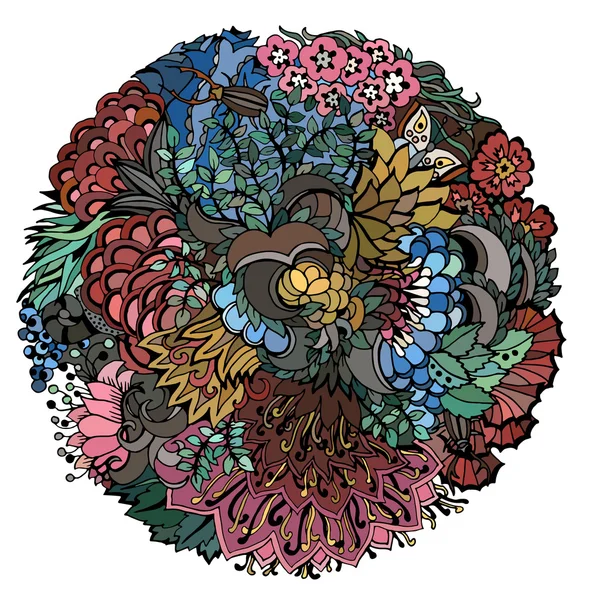 Elemento decorativo rotondo floreale con foglie, insetti, spirali e fiori. Modello astratto luminoso con contorni neri. Illustrazione vettoriale isolata su sfondo bianco . — Vettoriale Stock