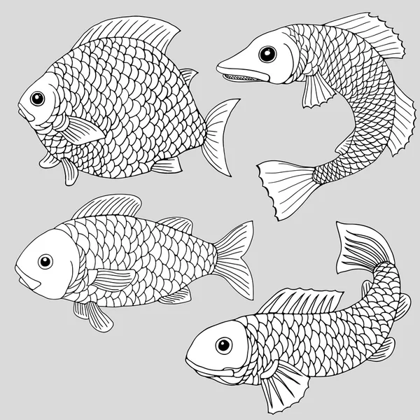 Set of four creative cartoon fishes for coloring pages or other, drawned with black otlines. — Stock Vector