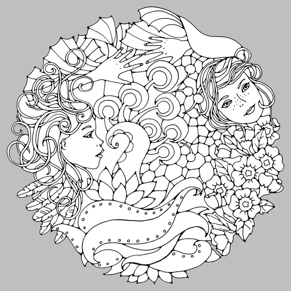 Elemento decorativo floral con caras femeninas surrealistas, hojas, ramas y flores. Ilustración vectorial en blanco y negro para colorear páginas u otros . — Vector de stock