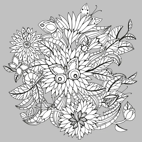 Fondo floral decorativo con mariposas, insectos, hojas y flores. Elementos de diseño floral blanco y negro. Ilustración vectorial para colorear páginas u otros . — Archivo Imágenes Vectoriales