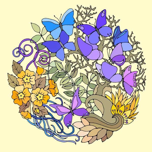 Decoratieve ronde bloemmotief met vlinders, blaadjes en bloemen. Floral designelementen. Vectorillustratie kleur. — Stockvector