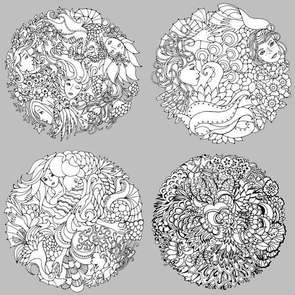Set von floralen dekorativen Elementen mit surrealen weiblichen Gesichtern, Blättern, Wellen, Zweigen und Blumen. Schwarz-Weiß-Vektorillustration für Malvorlagen oder andere. — Stockvektor