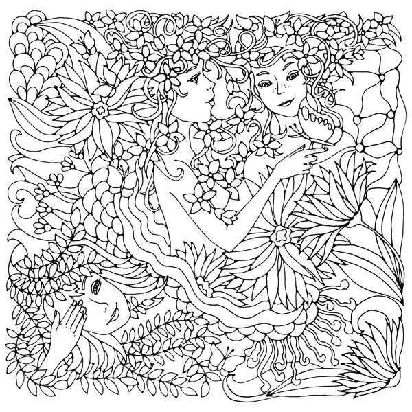 花卉装饰方形元素与超现实的女性面临着叶、 波、 枝、 花。黑色和白色矢量图的着色页或其他. — 图库矢量图片