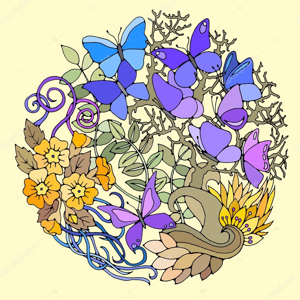 Modello floreale rotondo decorativo con fiori foglie e farfalle Elementi di disegno floreale Illustrazione di colore di vettore — Vettoriali di