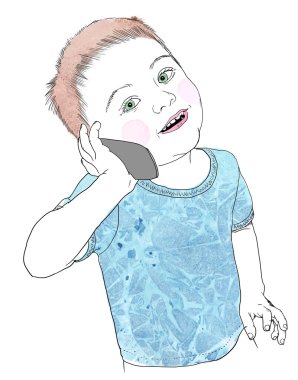 Konuşma, mutlu çocuk cep telefonuyla, üç yaşında gülümseyerek. Mavi tişört giyiyor.