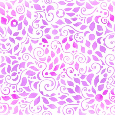 Dikişsiz desen beyaz arka plan, mor ve pembe suluboya swirls, daire, üçgen ve yaprakları. Vektör tasarımı.