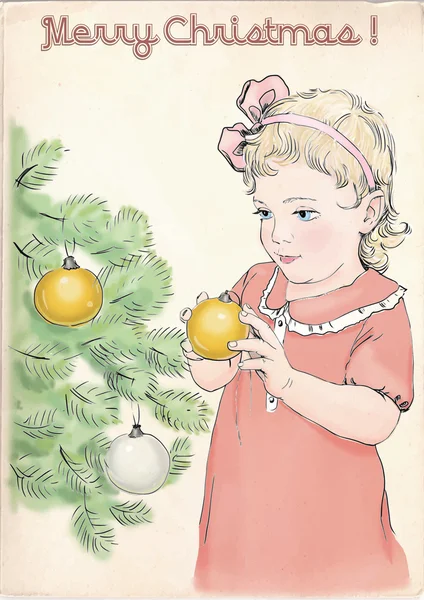 Weihnachtsgrußkarte im Vintage-Stil. ein Mädchen schmückt einen Weihnachtsbaum. — Stockvektor