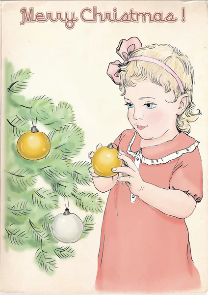 Tarjeta de felicitación navideña de estilo vintage. Una chica decorando un árbol de Navidad . — Archivo Imágenes Vectoriales