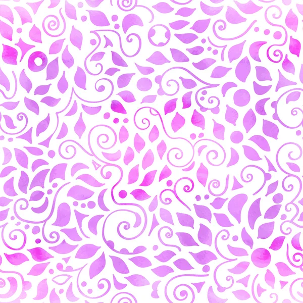 Seamless pattern on white background, purple and pink watercolor swirls, circles, triangles and leaves . Vector design. — Stock Vector