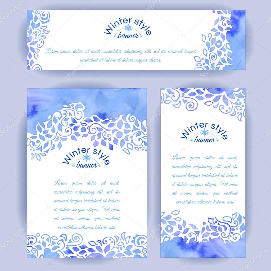 Set of vertical and horizontal banners. Hand-painted blue watercolor colorful leaves and spirals motif. Vector design for cards, invitation and other .