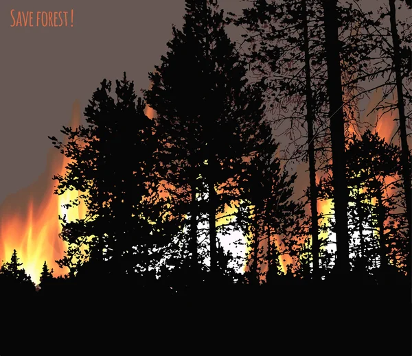 Zwarte silhouetten van de bomen op de achtergrond van bos in brand steken. Bos concept opslaan. Vectorillustratie. — Stockvector
