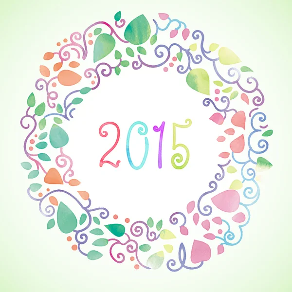 Number of year 2015 in round hand-painted watercolor floral frame. — Stock Vector