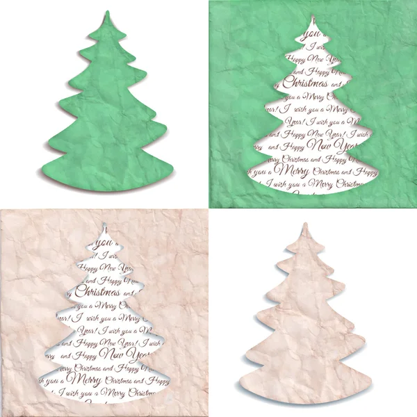 Textur aus zerknülltem Bastelpapier mit einer stilisierten Form von Tannenbäumen. Set mit vier Grunge Vektor Illustrationen, beige natürliche und grüne Farbe. — Stockvektor