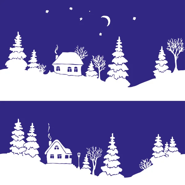 Seamless border with silhouettes of winter countryside landscape: firs, trees, houses, bushes, snowdrifts, moon and stars. Seamless each one and together. Vector illustration. — Stock Vector