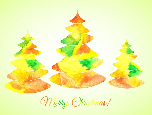 Heldere aquarel samenstelling van drie gestileerde kerstbomen en multicolor teken. Decoratieve kleuren: geel, rood, oranje, groen. Vectorillustratie. — Stockvector