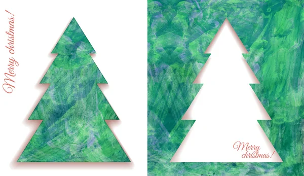 Conjunto de dos elementos decorativos, forma de abeto de Navidad estilizado sobre trazos verdes texturizados pintados a mano sobre papel . — Vector de stock
