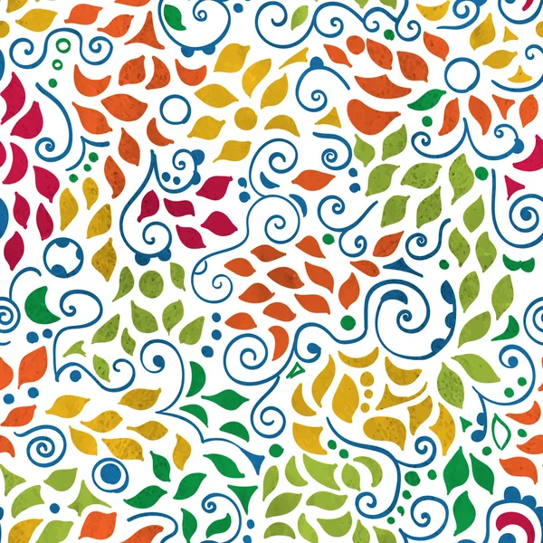 Seamless pattern on white background, multicolor swirls, circles, triangles and leaves . Vector design. — Stock Vector