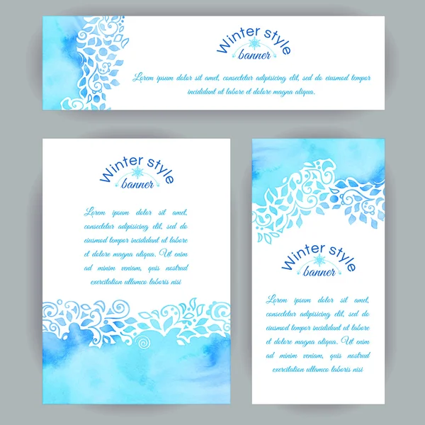 Set of vertical and horizontal banners. Hand-painted blue watercolor colorful leaves and spirals motif. Vector design for cards, invitation and other . — Stock Vector