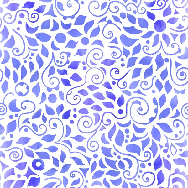 Seamless pattern on white background, blue watercolor swirls, circles, triangles and leaves . Vector design. — Stock Vector