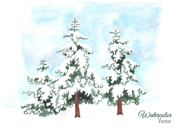 Handgemalte Aquarell-Illustration von schneebedeckten Wintertannen. Vektor-Design oder Weihnachtskarte, Einladung oder andere. — Stockvektor
