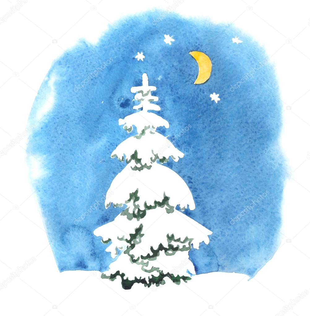 Hand-painted watercolor illustration of winter forest night. Vector design or Christmas card, invitation or other.