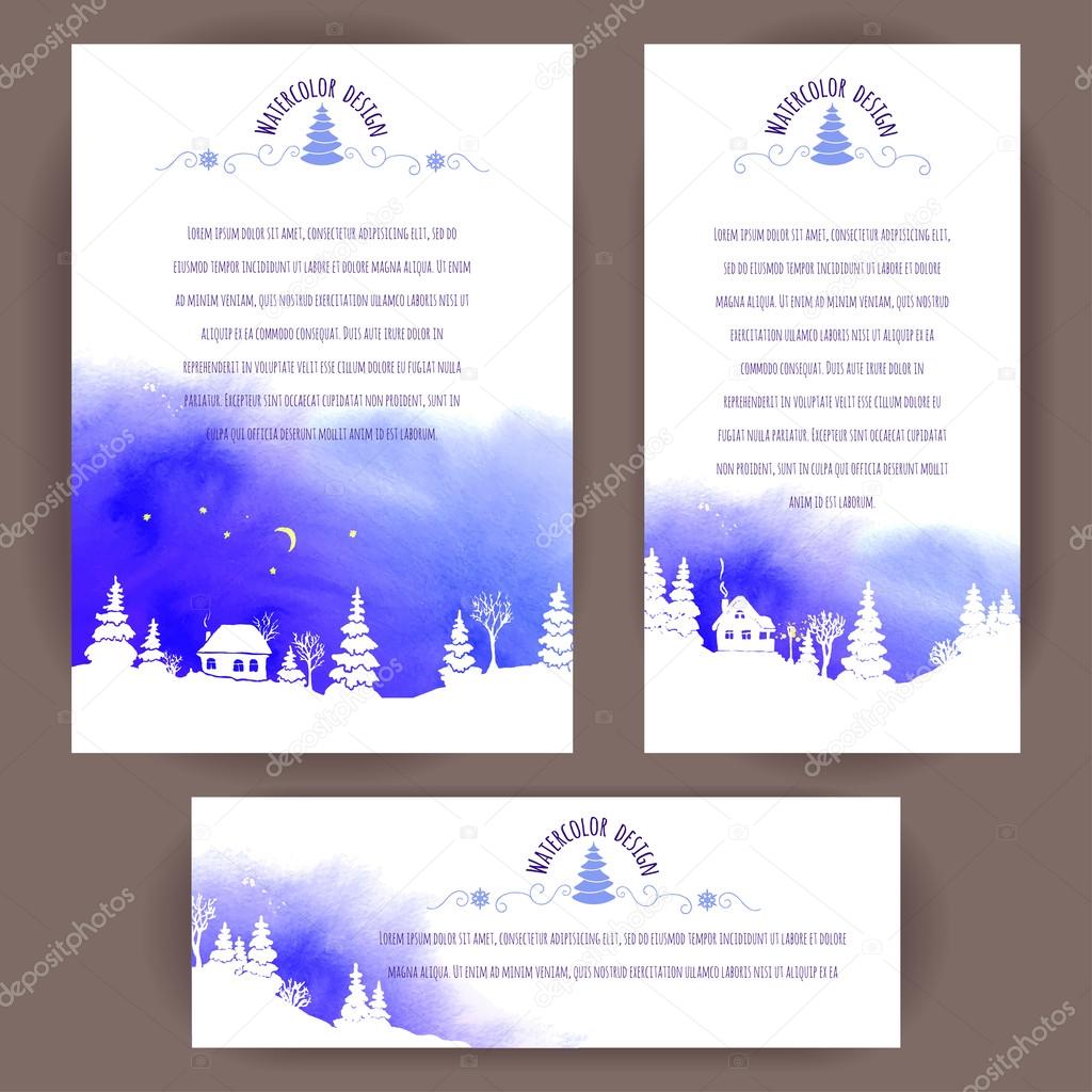 Set of vertical and horizontal banners. White silhouettes of fir trees and houses on blue watercolor background. Vector design for cards, invitation and other .