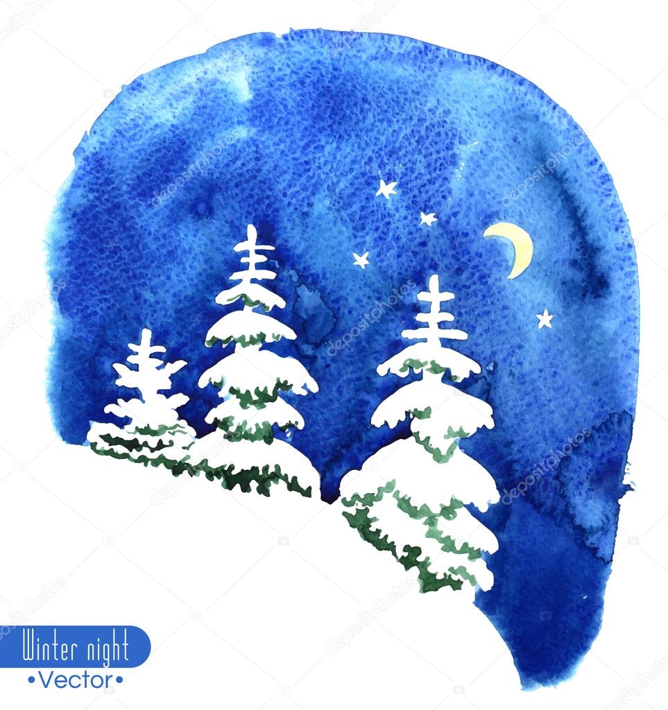 Hand-painted watercolor illustration of winter forest night. Fir trees covered with snow on the background of night sky with moon and stars. Vector design or Christmas card, invitation or other.