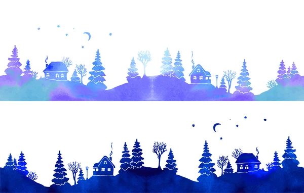 Hand-painted set of two watercolor borders with blue country landscape: silhouettes of fir trees, houses, moon, stars and lantern. Each one is seamless. Vector illustration on white background. — Stock Vector