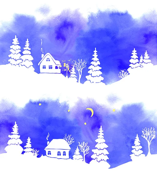 Набор из двух вручную окрашенных голубых акварельных пейзажей с белыми силуэтами елок, домов, луны, звезд и фонарей. Граница будет бесшовной, если оба соединятся. Векторная иллюстрация . — стоковый вектор
