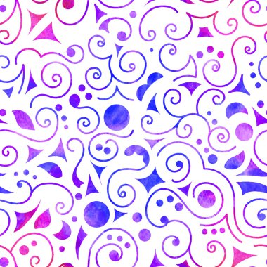 Seamless pattern on white background, multicolor swirls, circles, triangles and leaves . Vectorized watercolor.