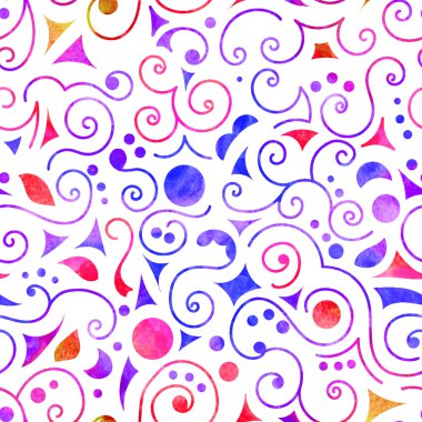 Seamless pattern multicolor swirls, circles, triangles and leaves on white background. Vectorized watercolor.