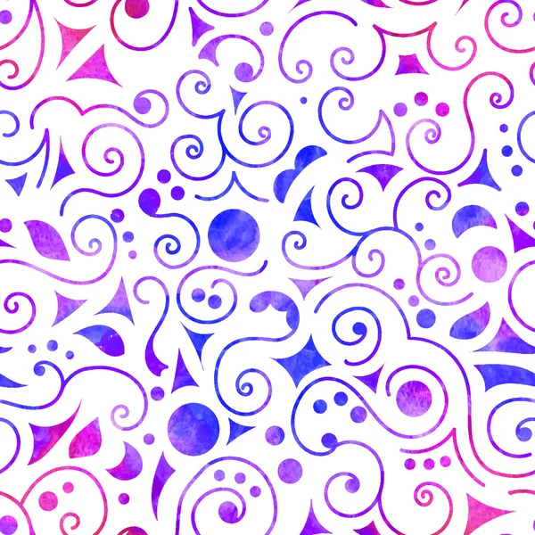 Nahtloses Muster auf weißem Hintergrund, bunte Wirbel, Kreise, Dreiecke und Blätter. vektorisiertes Aquarell. — Stockvektor