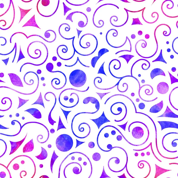 Seamless pattern on white background, multicolor swirls, circles, triangles and leaves . Vectorized watercolor.
