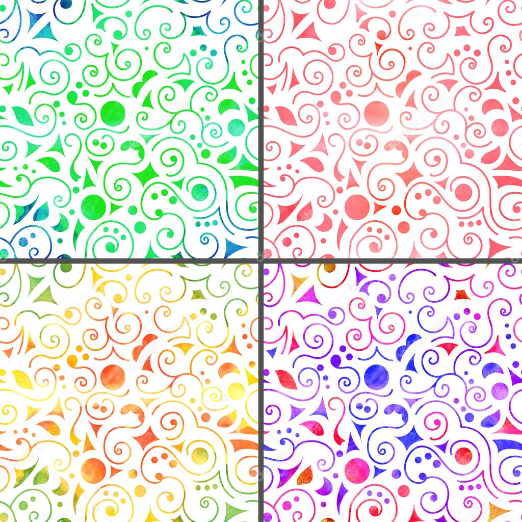 Set of four seamless patterns multicolor swirls, circles, triangles and leaves on white background. Vectorized watercolor.