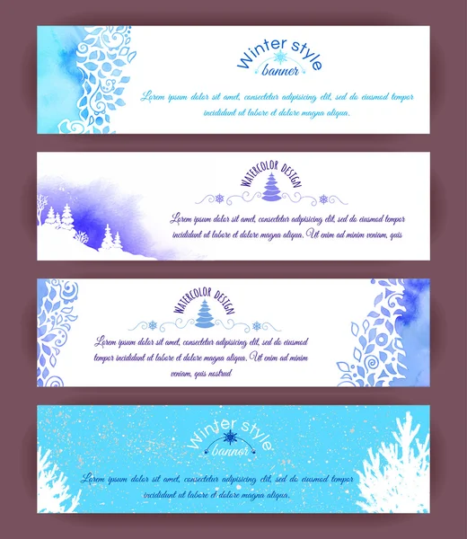 Set of horizontal banners. Hand-painted blue watercolor leaves and spirals motif, winter country silhouettes. Vector design. — Stock Vector