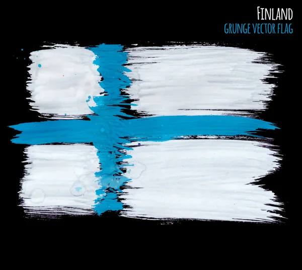 Grunge pintado Bandeira da Finlândia, pinceladas em fundo preto. Ilustração vetorial —  Vetores de Stock