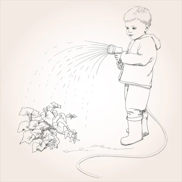 Мальчик с садовым шлангом поливает овощи — стоковый вектор