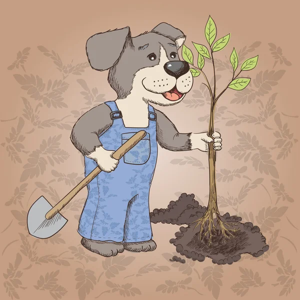 Zeichentrickhund pflanzt einen Baum — Stockvektor