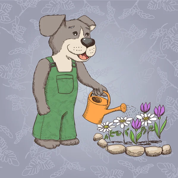 Kreslený pes zalévat květiny — Stockový vektor
