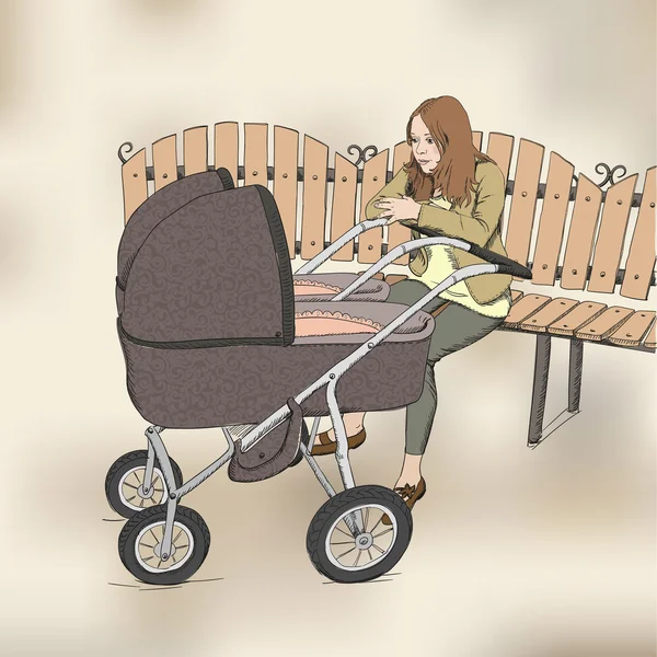 Woman sitting with double baby carriage — Stock Vector