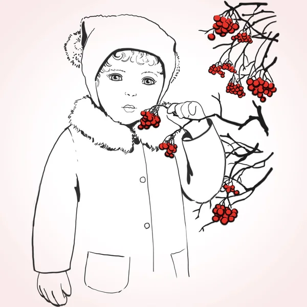 Child girl with rowan berries — Stock Vector