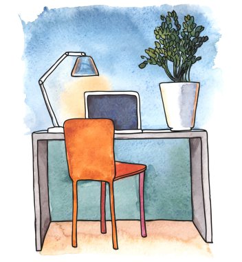 Çalışma alanı ile defter, lamba ve bitki